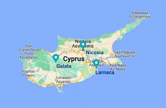 This map of Cyprus shows the three places Rama has lived in Cyprus. Galata in the center, Nicosia, the capital and the beach town of Larnaca | Source: Google maps