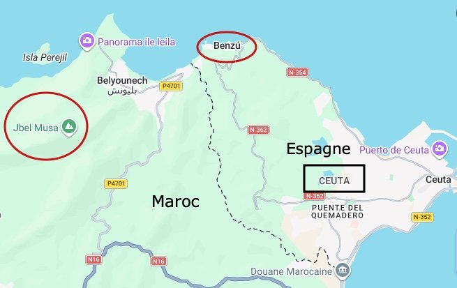 Beaucoup de migrants partent de Jbel Musa, un massif montagneux au nord du Maroc où des centaines de subsahariens se cachent en espérant traverser la frontière vers Ceuta. Crédit : Google maps