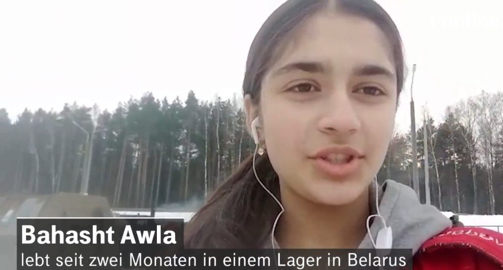Bahasht Awla talks to t-online in a video call from the Belarus border | Source: screenshot of t-online report