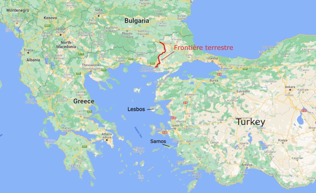 La Turquie et la Grèce partagent une frontière terrestre. Crédit : Google maps
