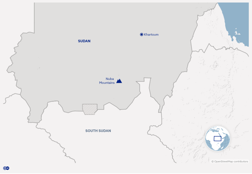 A map shows the location of the Nuba mountains not too far from the border between Sudan and South Sudan | Source: DW