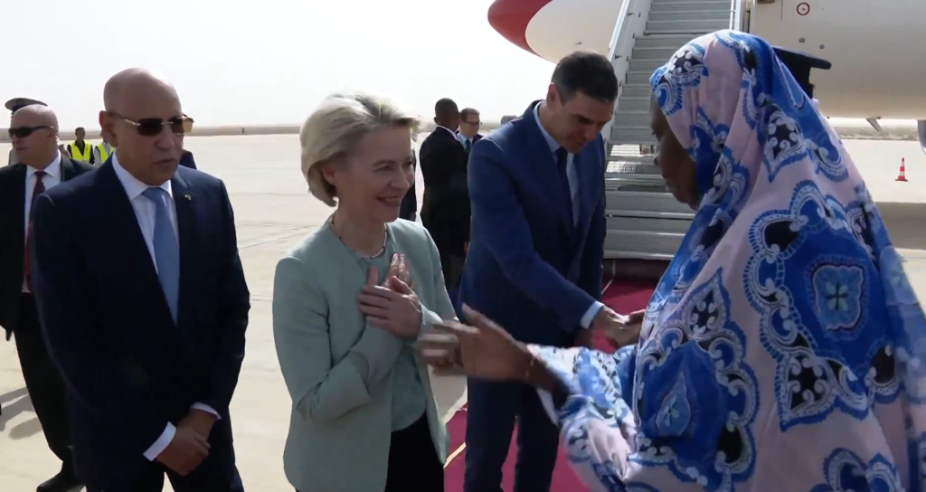 EU Commission President Ursula von der Leyen and Spanish Prime Minister Pedro Sanchez visit Mauritania to talk about migration and green energy | Source: Screenshot from X feed of Spanish government video of arrival released February 8 2024, @desdelamoncloa