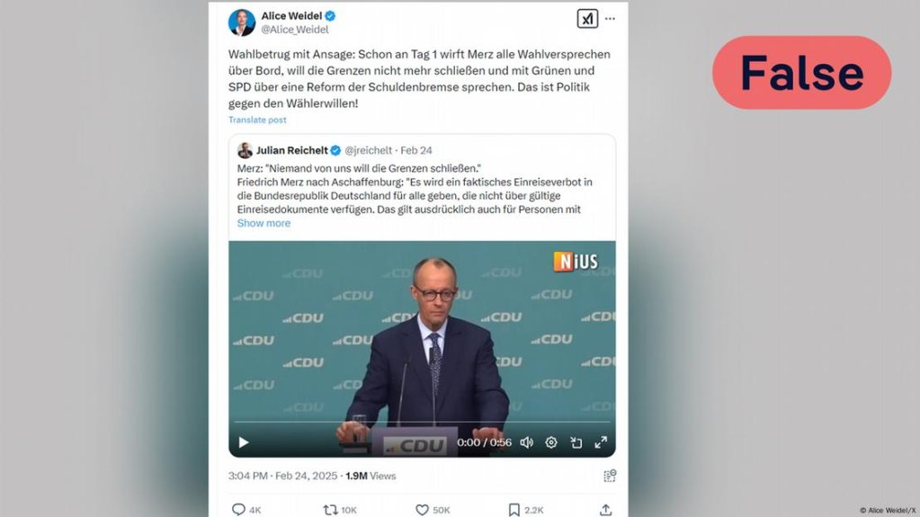 Alice Weidel accused Friedrich Merz of "electoral fraud" because he allegedly promised to close the borders | Source screenshot center: Alice Weidel/X
