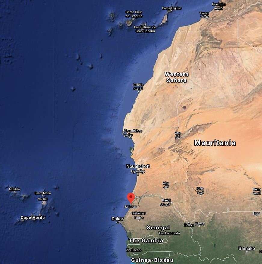 Map showing northwestern Africa and Spain's Canary Islands. The distance between Saint Louis and Gran Canaria is over 1,300 kilometers | Source: Google Maps