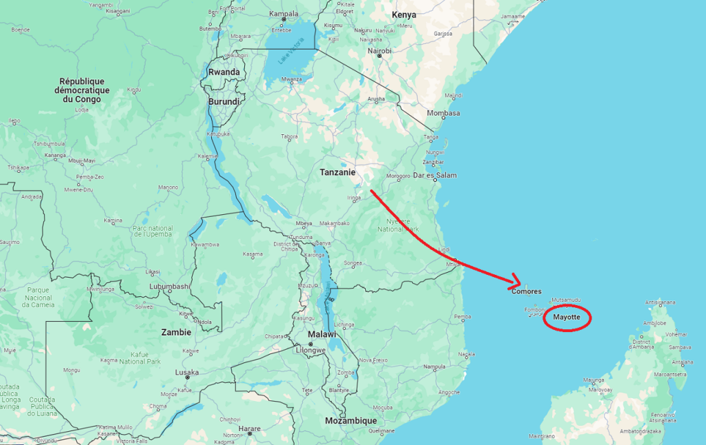 Claude left from Tanzania to the Comoros and then reached the French island of Mayotte. | Source: Screenshot Google Maps