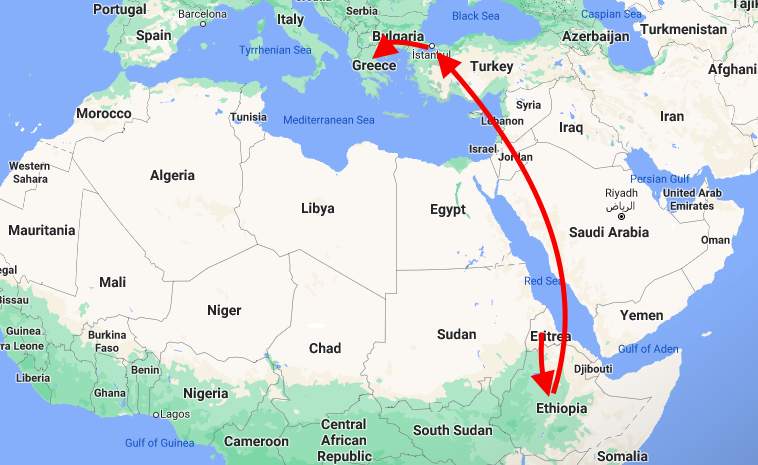 خريطة من غوغل ماب تبين المسار الذي قطعه صامويل للوصول إلى أثينا