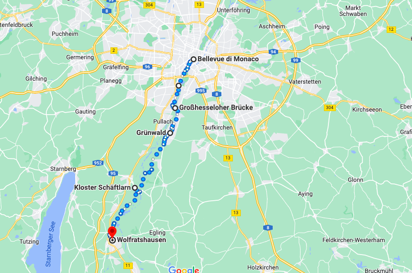 Map of the 31 kilometer 'Walk into the Light' night hike from central Munich to Wolfratshausen | Source: Google Maps
