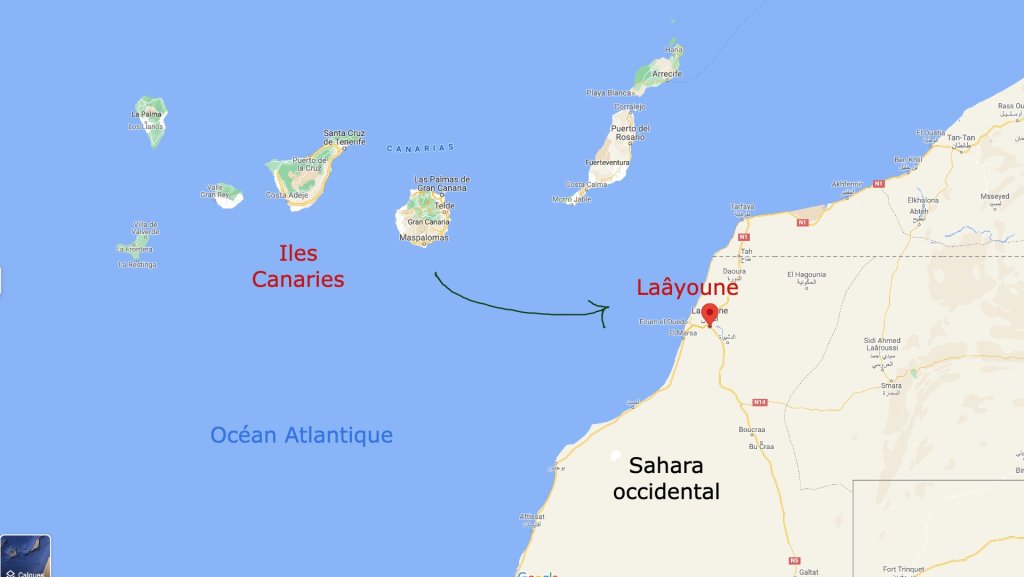 Laâyoune, au Maroc, ne se trouve qu'à une centaine de kilomètres des Canaries. Crédit : Google maps