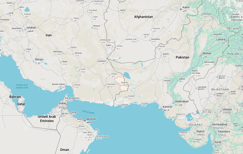 Map showing Saravan County in southeastern Iran | Source: Google Maps