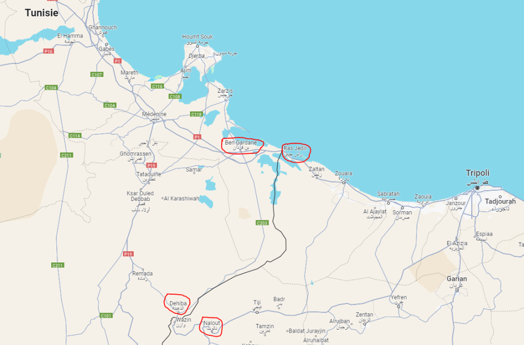 Tunisian authorities reportedly use two different routes to transfer migrants to Libya: from Dehiba to Nalut and from Ben Gardane to Ras Jdir | Photo: Google maps