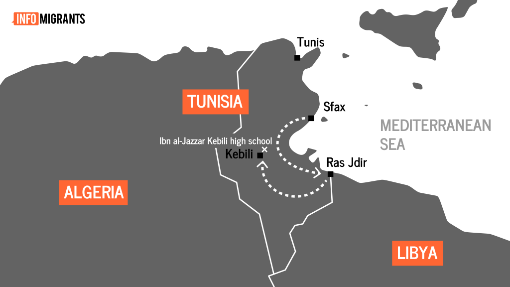 Movement of the migrants rounded up July 3rd in Sfax who ended up held up at the Kebilli high school. Credits: DR