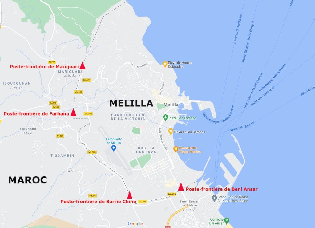 Quatre poste-frontières existent entre le Maroc et Melilla. Les affrontements du 24 juin ont principalement eu lieu à celui de Barrio Chino. Crédit : Google map