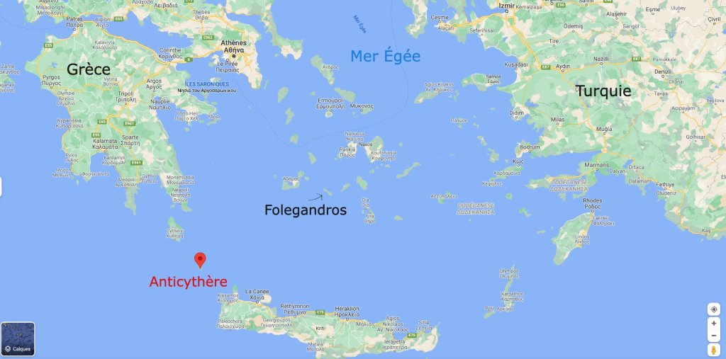 The island of Antikythera is located just south of mainland Greece and roughly 200 kilometers southwest of Folegrandos | Copyright: Google Maps
