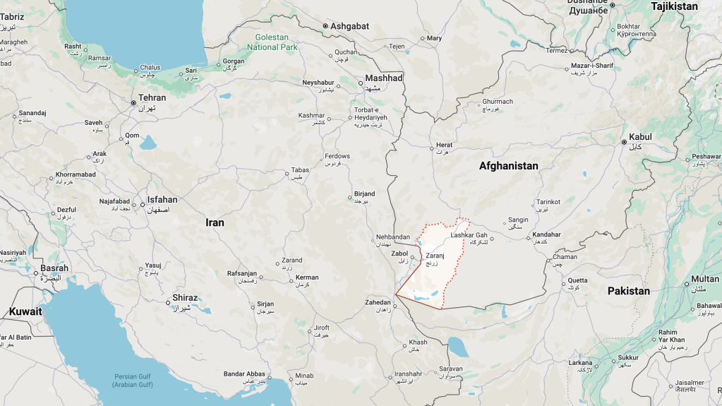 A map showing Nimroz Province highlighted in red at the border of Iran and Afghanistan | Screenshot: Google Maps
