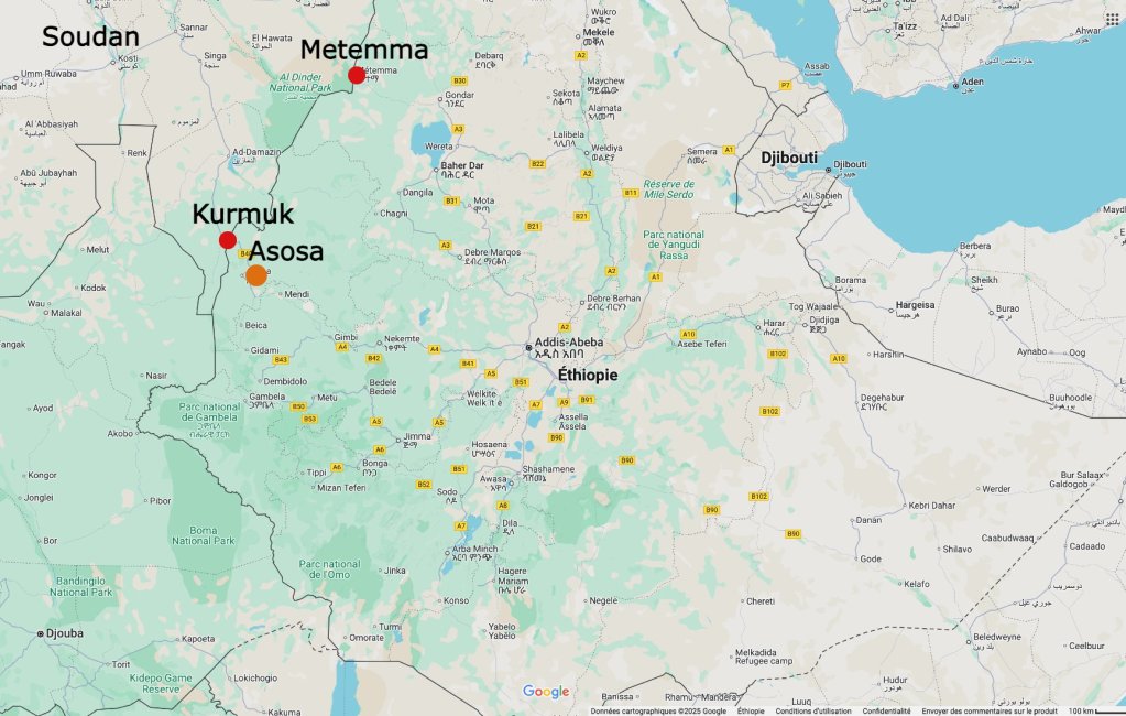 Sudanese migrants must register at the Kurmuk and Metemma crossing points on the Ethiopian border | Source: Google Maps