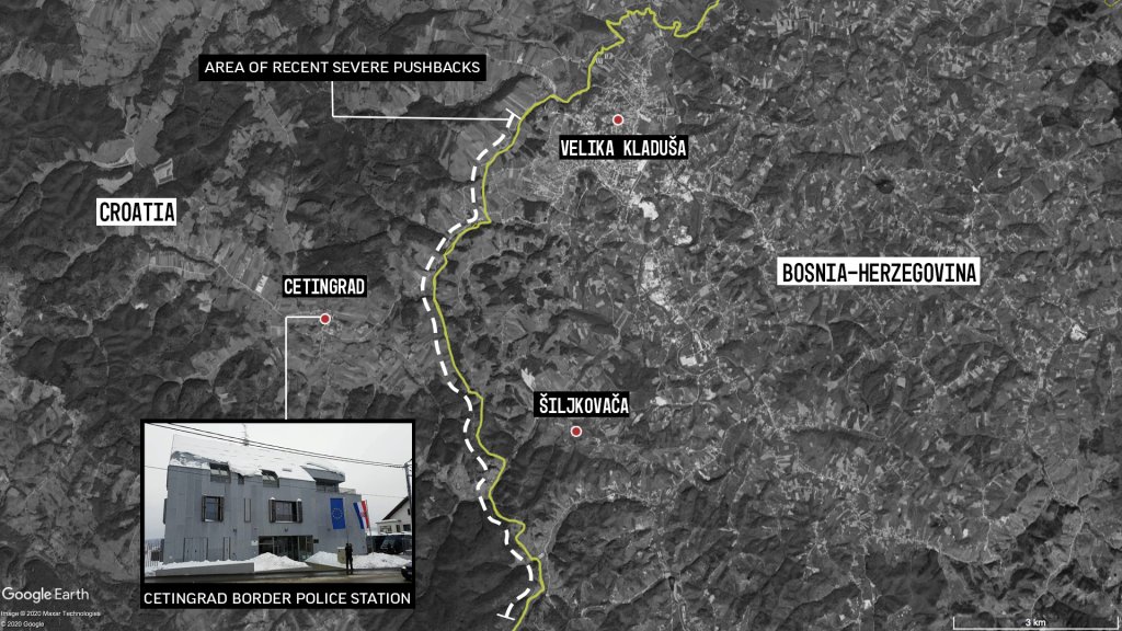 خريطة توضح منطقة الحدود الكرواتية البوسنية | الصورة: شبكة مراقبة العنف على الحدود