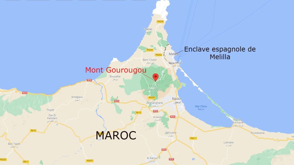 Le Mont Gourougou est situé à côté de l'enclave espagnole de Melilla. Crédit : Google Map
