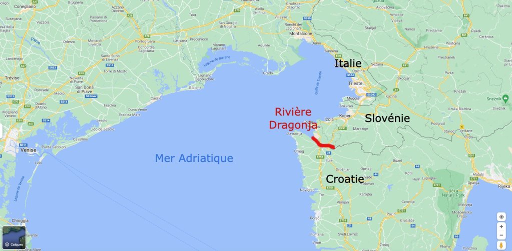 La rivière Dragonja est à seulement 30km de Trieste, en Italie. Crédit : Google map