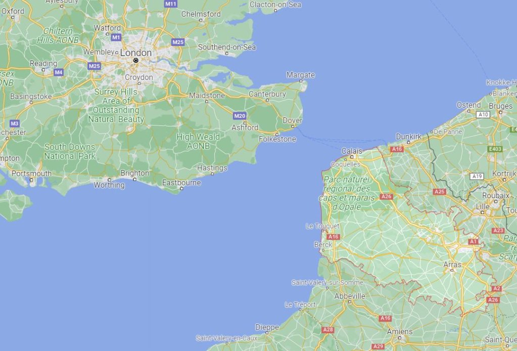The English Channel is at its most narrow between the northern French department of Pas-de-Calais and Dover in the southeastern English county of Kent | Source: Google Maps