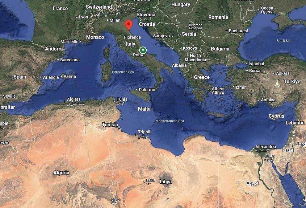 Map showing the Italian city of Ravenna (red marker) and Libya | Source: Google Maps