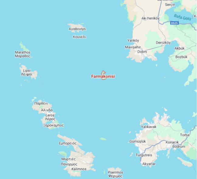 Farmakonisi a small island in the Dodecanese group of islands in the Aegean, not far off the coast of Turkey, north of Bodrum in Turkey and south of the Greek island of Samos. It is part way between the Turkish coast and the Greek island of Leros | Source: Google maps