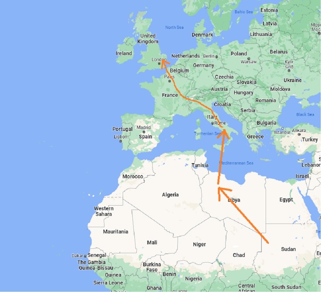 الطريق التي قطعها محمد على مدى أكثر من ثلاث سنوات ليصل إلى بريطانيا. خرائط غوغل