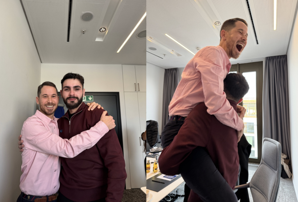Photo of Alaa Hamoudi (on the right) and Iftach Cohen (on the left) upon hearing the decision on December 18, 2025 | Photo: Front-Lex (An organization working to challenge EU legistlation strategically through the courts)