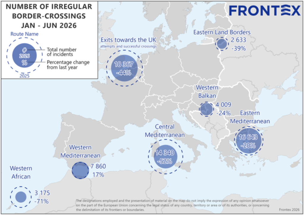 Frontex data from January to June 2026 shows an overall drop in irregular arrivals by 37 percent | Screenshot : Frontex