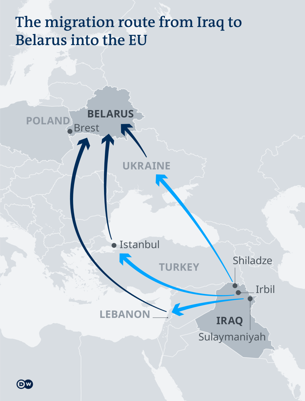 بعض المطارات التي استخدمها المهاجرون للوصول إلى بيلاروسيا على أمل دخول الاتحاد الأوروبي