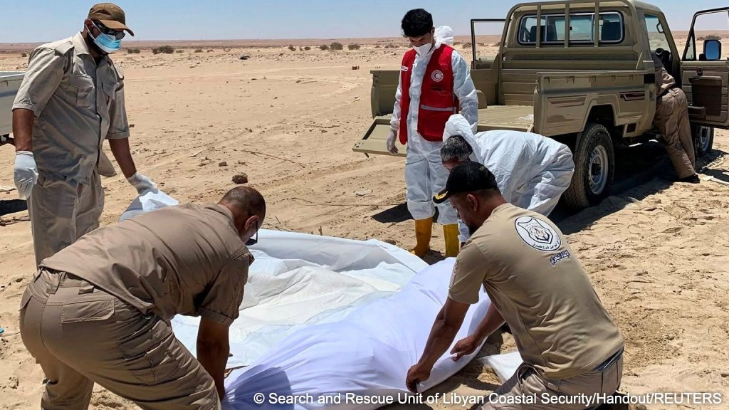 Deaths at sea are still common on the Mediterranean route. Members of the Search and Rescue Department of Libyan Coastal Security on June 23, 2026 use a white cloth to wrap a body believed to be an undocumented migrant washed ashore in eastern Libya | Photo: Search & Rescue Unit of Libyan Coastal Security/Reuters
