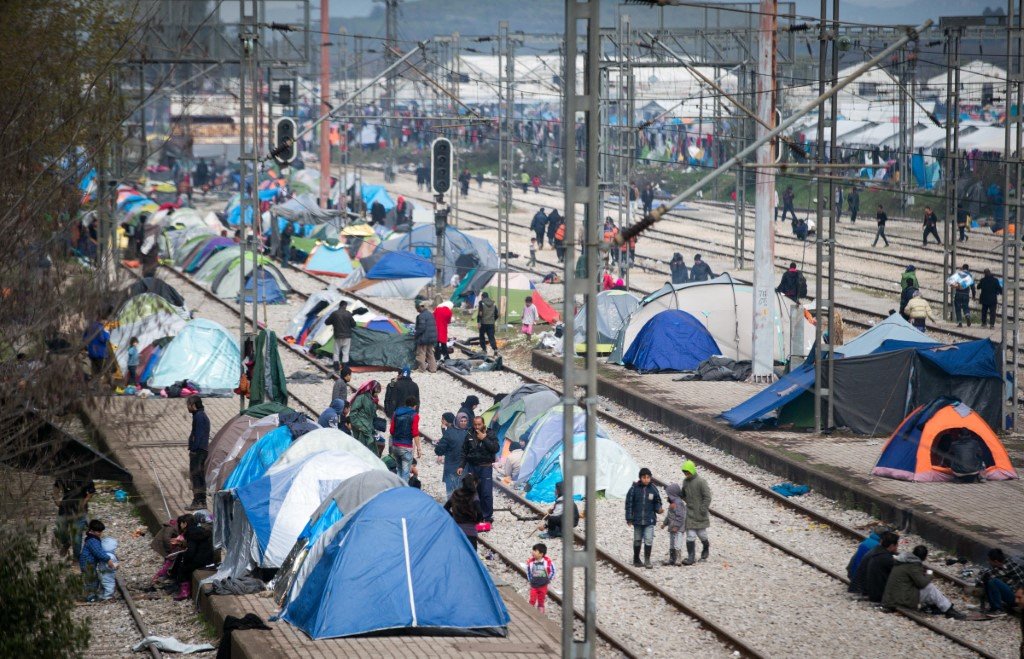 Tents are set up on a train station at the makeshift camp of the Greek-Macedonian border near the village of Idomeni on March 19, 2016. Photo: AFP