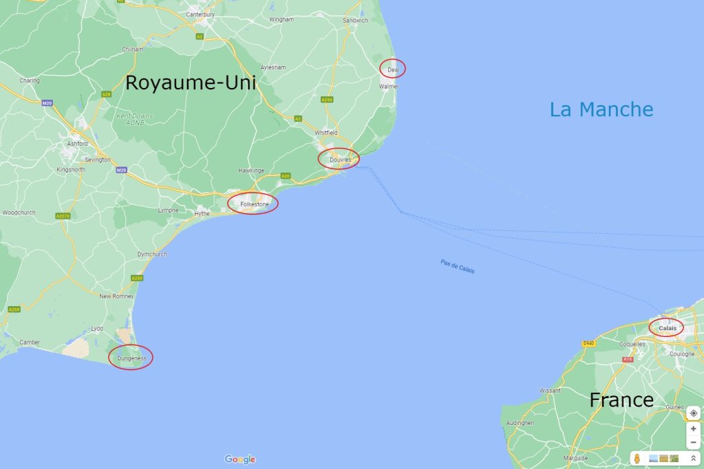 Les militants pro et anti-migrants arpentent la côte du Kent, depuis Deal jusqu'à Dungeness. Crédit : Google maps