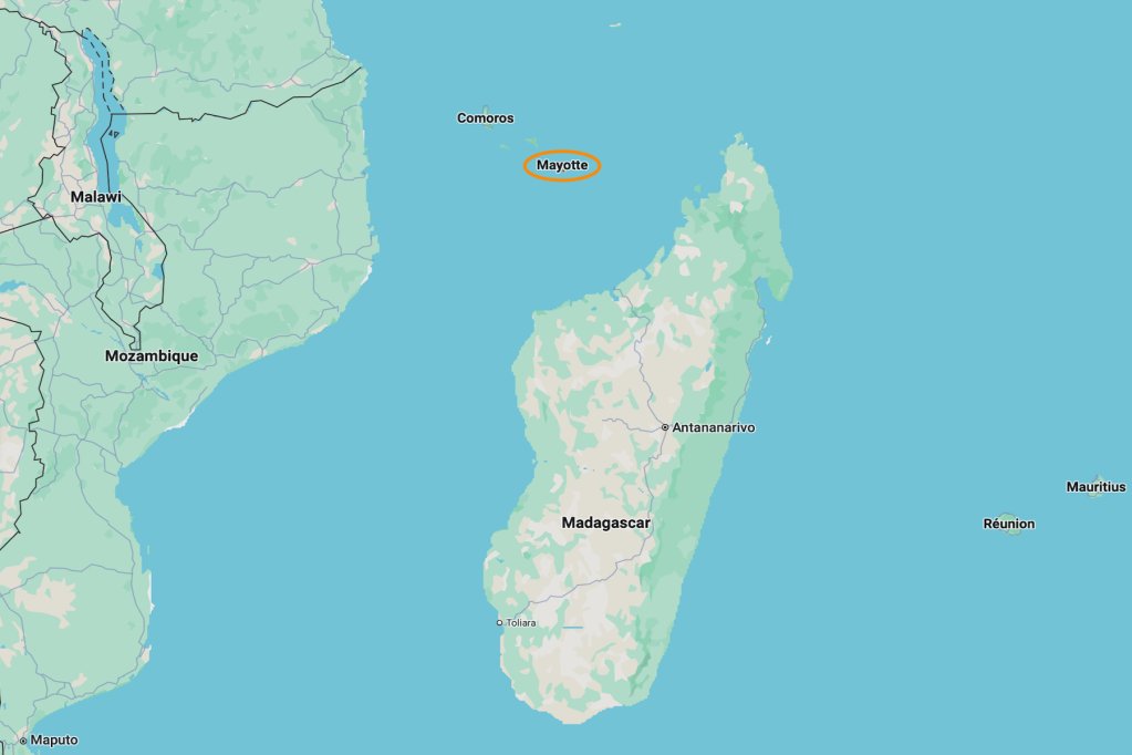 Mayotte is located at the northern entrance of the Mozambique Channel and roughly 250 kilometers north of Madagascar | Source: Google Maps
