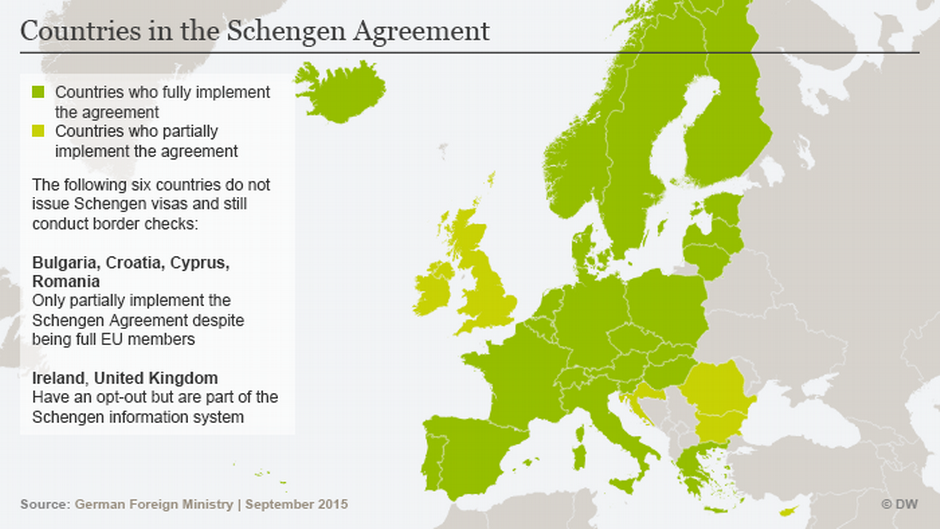 Map of the European Union's Schengen area, currently comprised of 26 of the EU's 27 member states | Credit: DW