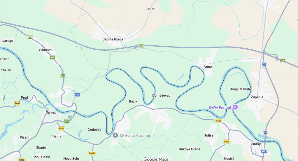 The Sava River forms a natural border between eastern Croatia and Bosnia and Herzegovina, with migrants in this incident attempting to cross into Croatia near Babina Greda from Bosnia Herzegovina | Screenshot: Google Maps