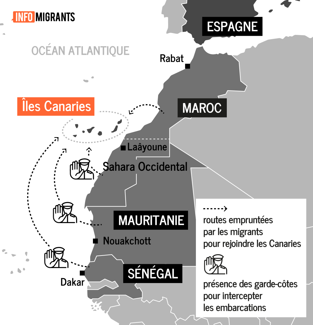 Les migrants tentent de rejoindre les Canaries depuis le Maroc, la Mauritanie et le Sénégal. Crédit : InfoMigrants