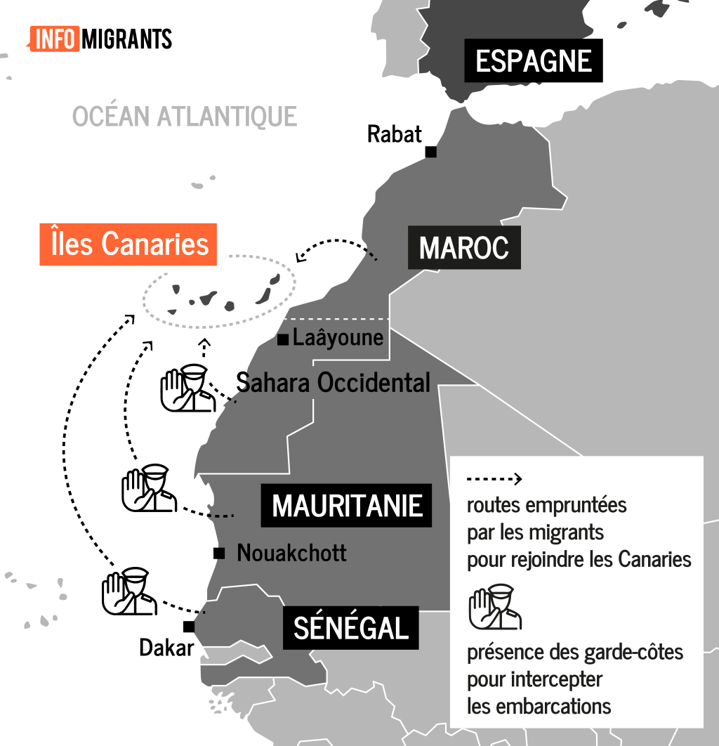 Pour atteindre les Canaries, les bateaux de migrants prennent la mer depuis le Sénégal, la Mauritanie ou le Maroc. Crédit : InfoMigrants