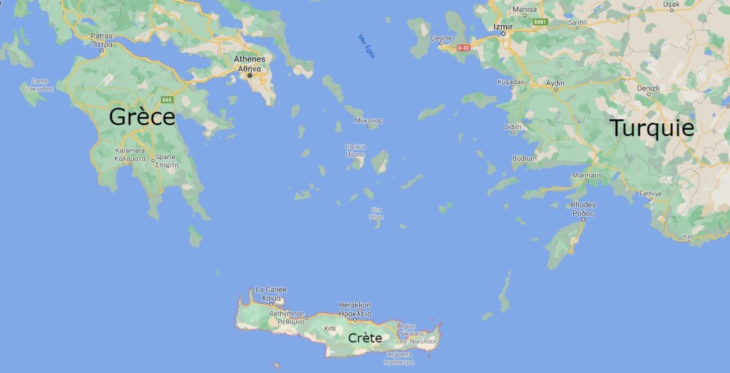 L'île grecque de la Crète, au large de la Turquie. Crédit : Google map.