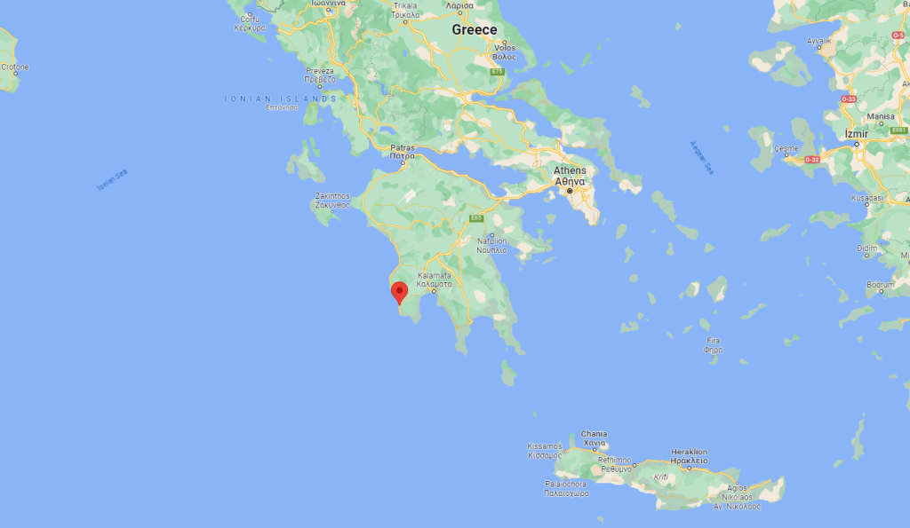 Map showing the Greek port town of Pylos (red marker) and the eastern Mediterranean Sea | Credit: Google Maps