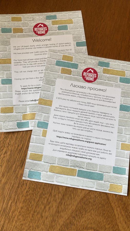 The charity Refugees at Home, which helps British people host refugees in their homes printed leaflets for Ukrainian arrivals | Source:@RefugeesAtHome Twitter feed / Clark Mody design 
