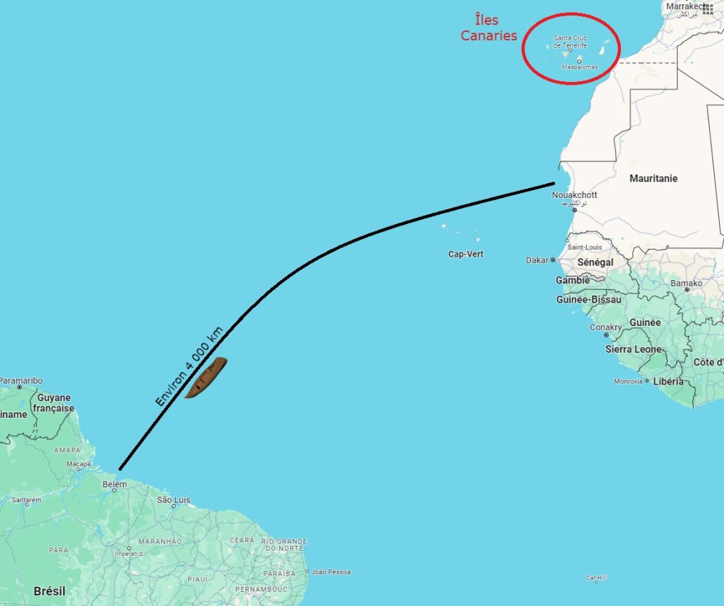 Le canot, qui visait les îles Canaries, aurait dérivé dans l'Atlantique pendant plusieurs mois avant d'arriver au Brésil. Crédit : Google maps