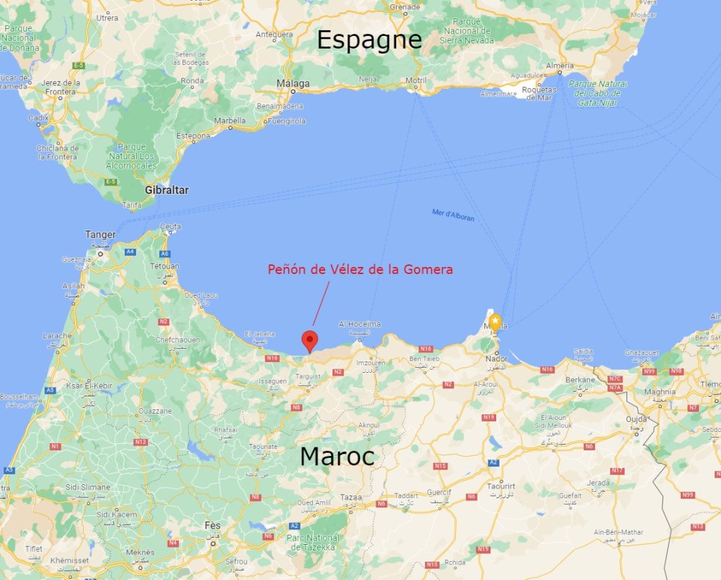 L'enclave espagnole du Rocher de Vélez de la Gomera au Maroc. Crédit : Google map