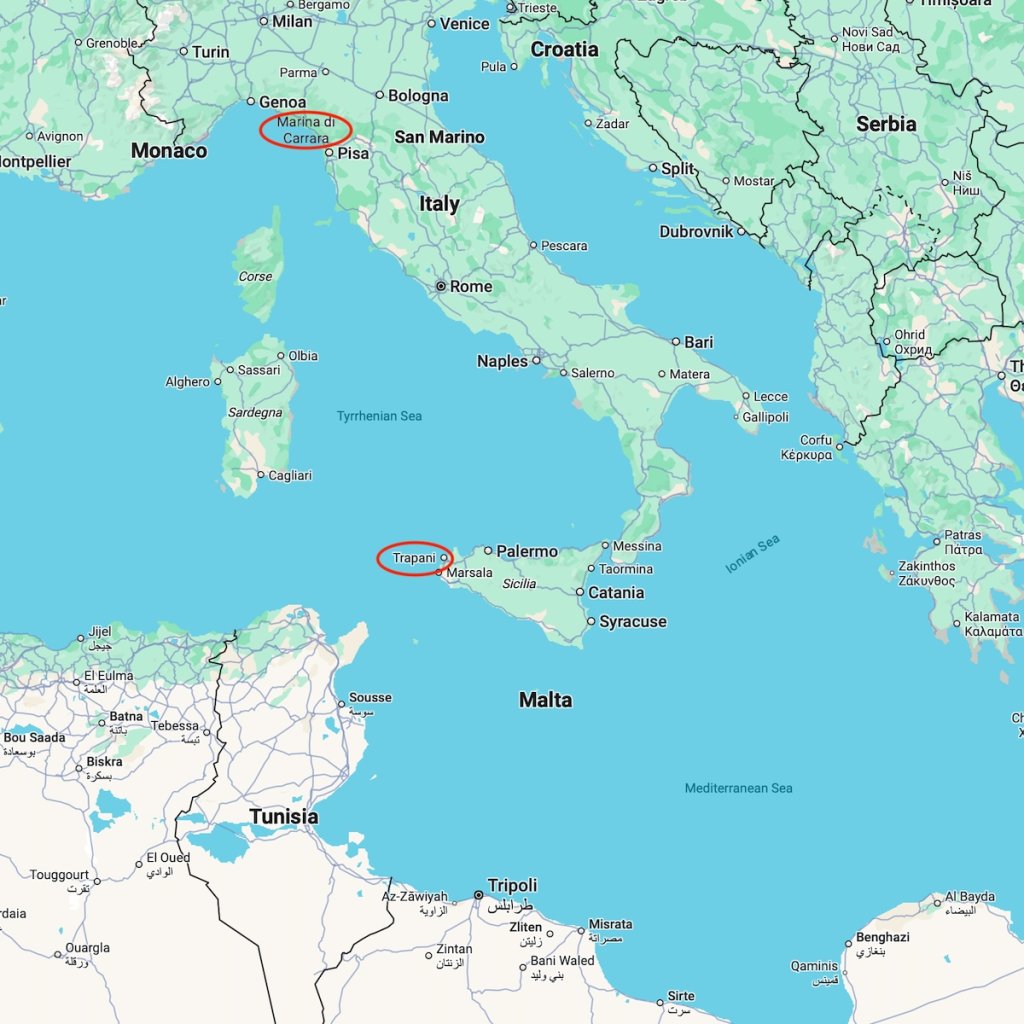 Map highlighting the relative locations of the ports of Trapani and Marina di Carrara in the Mediterranean Sea | Source: Google Maps