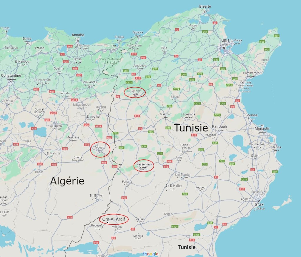 Les expulsions vers l'Algérie ont eu lieu vers le Kef, Kasserine et le village d'Om al Arais. Crédit : Google Maps