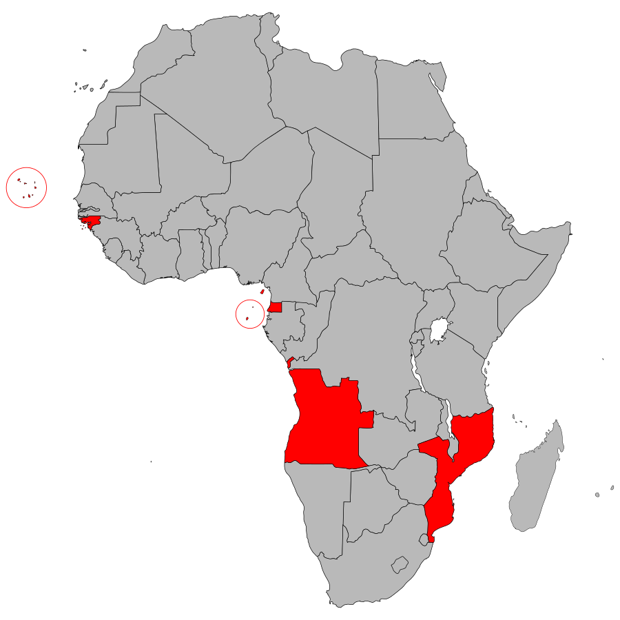 The countries with Portuguese as an official language in Africa are referred to by the acronym PALOP (Países Africanos de Língua Oficial Portuguesa) and include Angola, Cape Verde, Guinea-Bissau, Mozambique as well as São Tomé and Príncipe | Source: Wikipedia