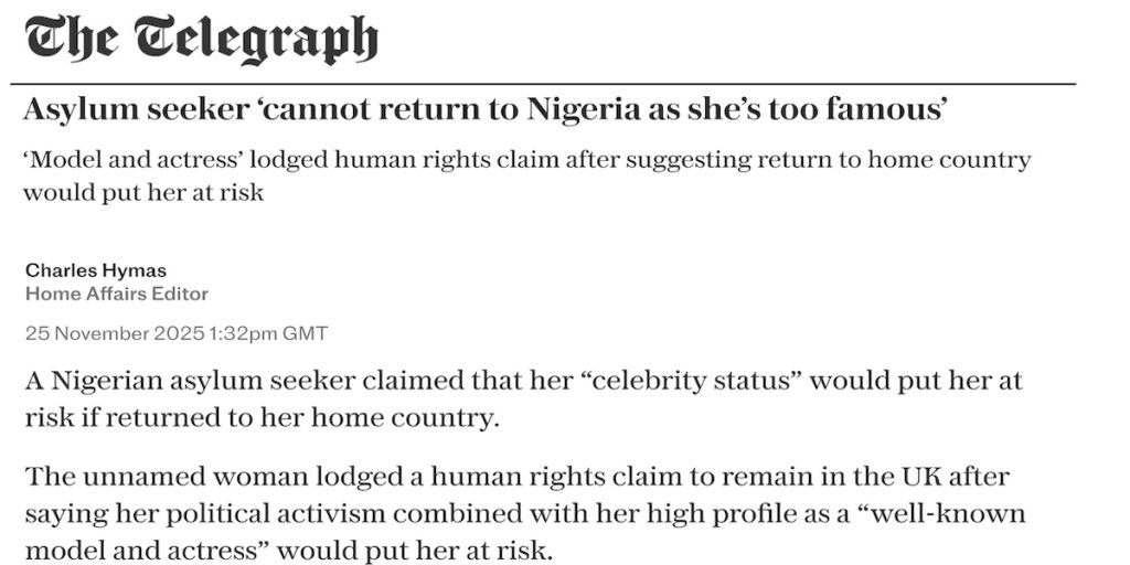 The case of a woman referred to as 'OO' has sparked a public conversation in the UK over the role of celebrity status in asylum cases | Source: The Daily Telegraph
