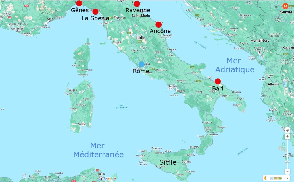 Les navires d'ONG de sauvetage sont de plus en plus contraints de débarquer dans le nord et l'est de l'Italie. Crédit : Google Maps