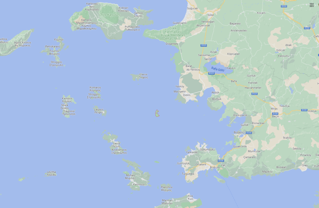 Map showing the Greek Agean island of Farmakonisi and the Turkish town of Didim | Source: Google Maps