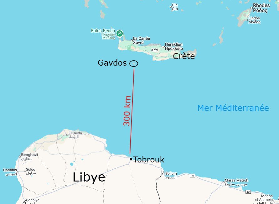 File photo: The small Greek island of Gavdos is about 300 km from Libya, a popular launching pad for sea journeys to Europe | Crédit : Google maps