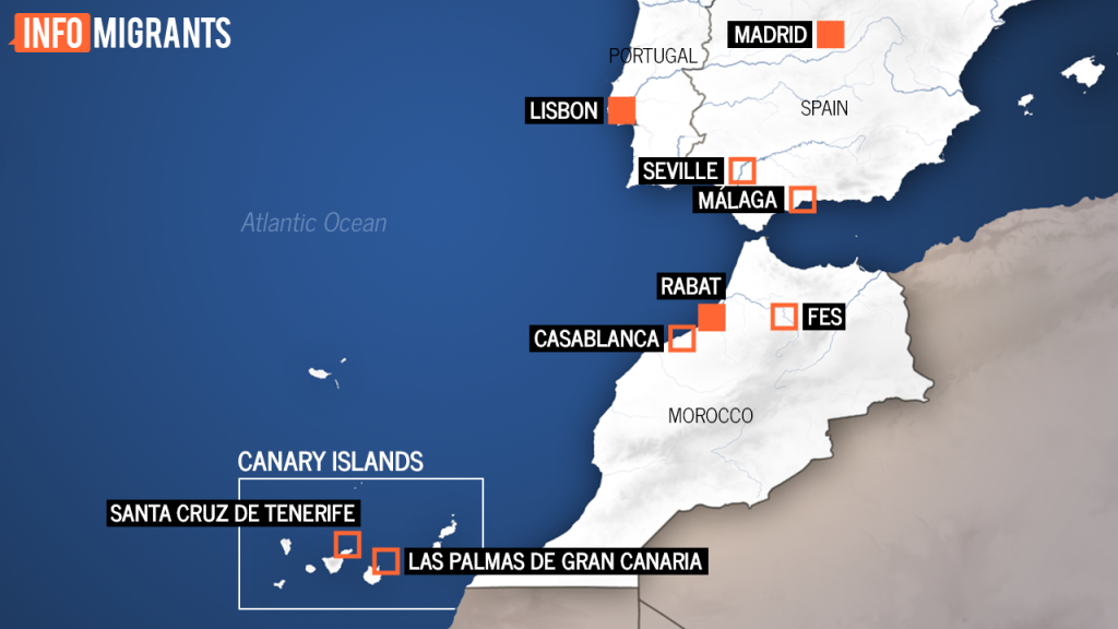 L'Espagne continentale se trouve à près de 1.700 km des Îles Canaries. Crédit : InfoMigrants